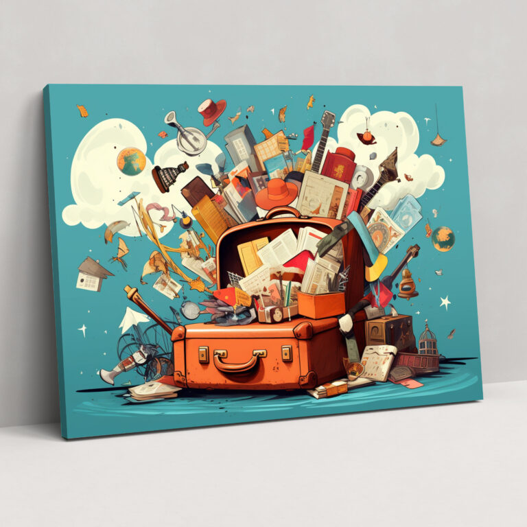 Travel Wall Art - Whimsical Vintage Suitcase Canvas Print - Travel, Canvas, Whimsical Illustration, Wall Decoration
