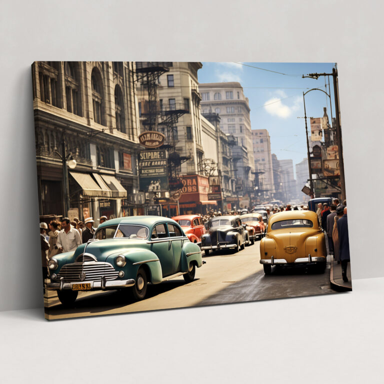 Travel Wall Art Decor - Retro City Street Canvas - Travel, Travel, Retro Photograph, Vintage Cars