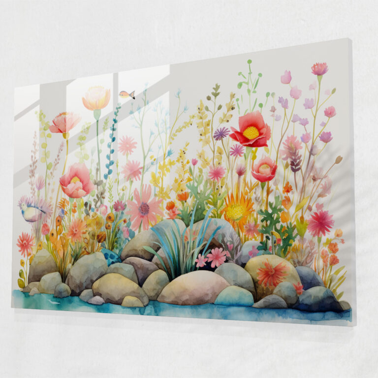 Zen Garden Whimsical Glass Print - The Zen Garden, Whimsical Watercolor Illustration, Wall Decoration, Glass Wall Art