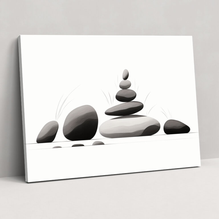 Zen Rock Garden Wall Art - The Zen Garden, Carefully Arranged Stones, Black And White Illustration, Minimalist