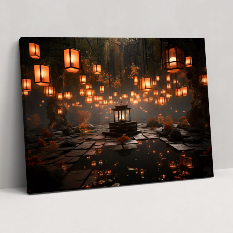 Ethereal Zen Garden Canvas Print - The Zen Garden, Modern Digital Artwork, Floating Lanterns, Ethereal Atmosphere