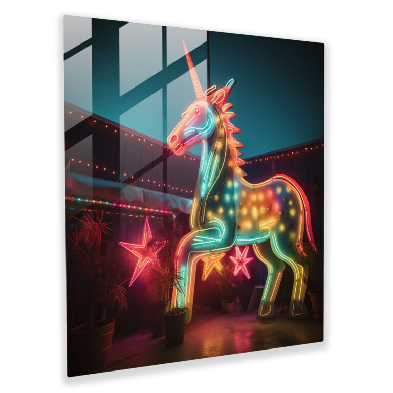 Neon Glass Art - Retro Unicorn Sign - Unicorn, Nostalgic Charm, Wall Decoration, Glass Wall Art