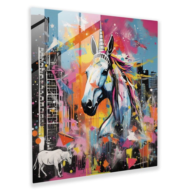 Urban Unicorn Glass Print - Unicorn, Wall Decoration, Contemporary Collage, Vibrant Textures