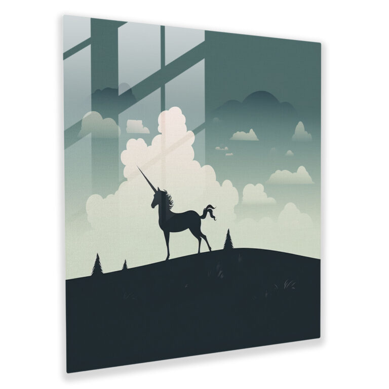 Graceful Unicorn Glass Print - Unicorn, Monochromatic, Tranquil, Wall Decoration