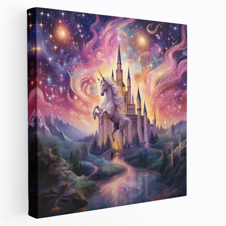 Whimsical Unicorn Canvas Print - Flying Over A Magical Castle - Unicorn, Unicorn Canvas Print, Whimsical Unicorn, Home Decoration