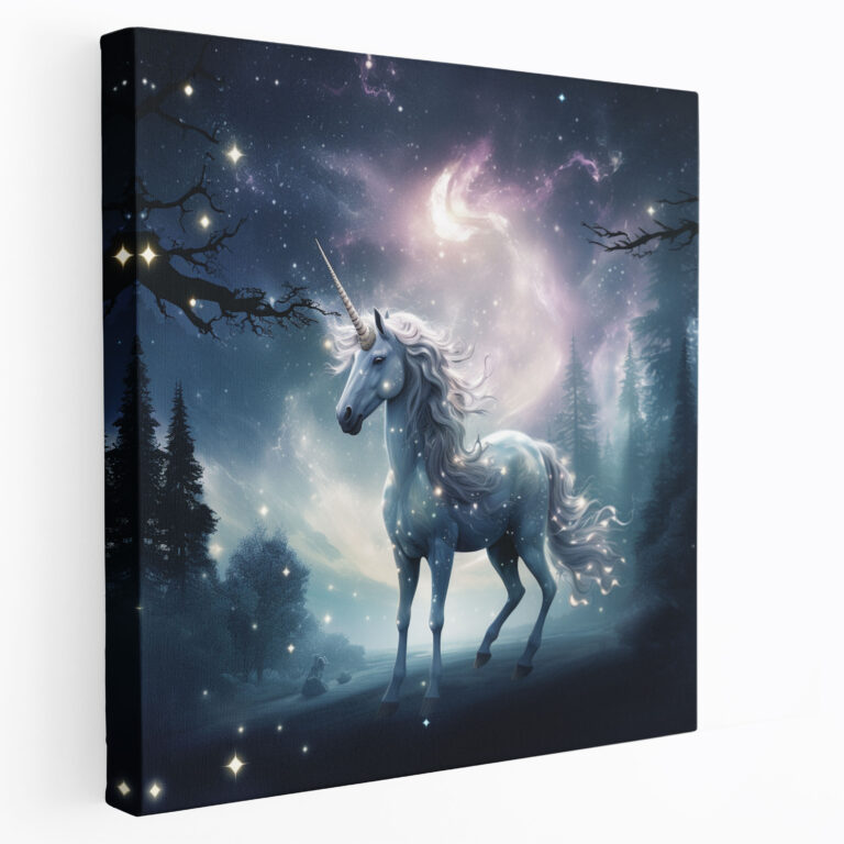 Majestic Unicorn Canvas Print - Against A Starry Night Sky - Unicorn, Full Moon, Starry Night Sky, Wall Art