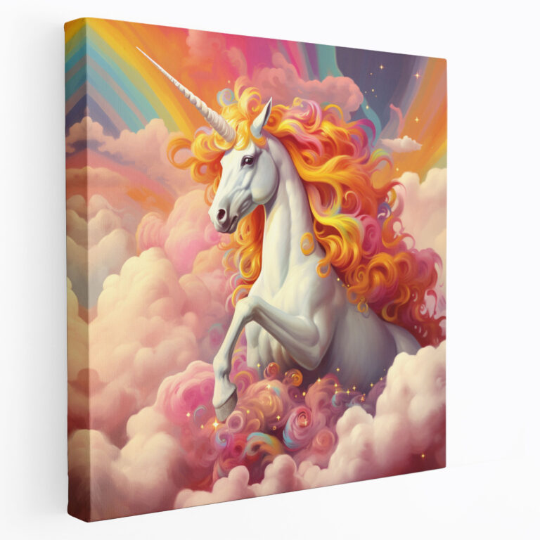 Cute Unicorn Canvas Print - Surrounded By Colorful Rainbow Clouds - Unicorn, Rainbow Clouds, Canvas Wall Art, Home Decoration