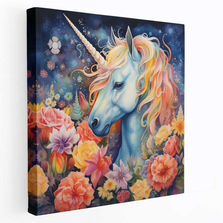 Unicorn Canvas Print - Whimsical Watercolor Wall Art - Unicorn, Vibrant Flowers, Whimsical, Home Decoration