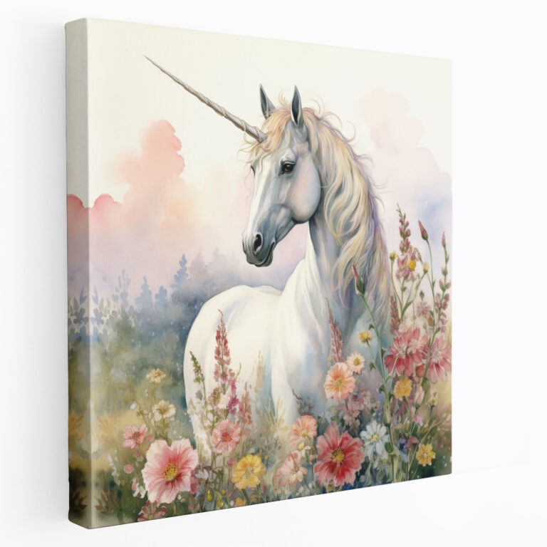 Unicorn Wall Art - Vintage Watercolor Canvas Print - Unicorn, Canvas Print, Vintage, Blooming Wildflowers