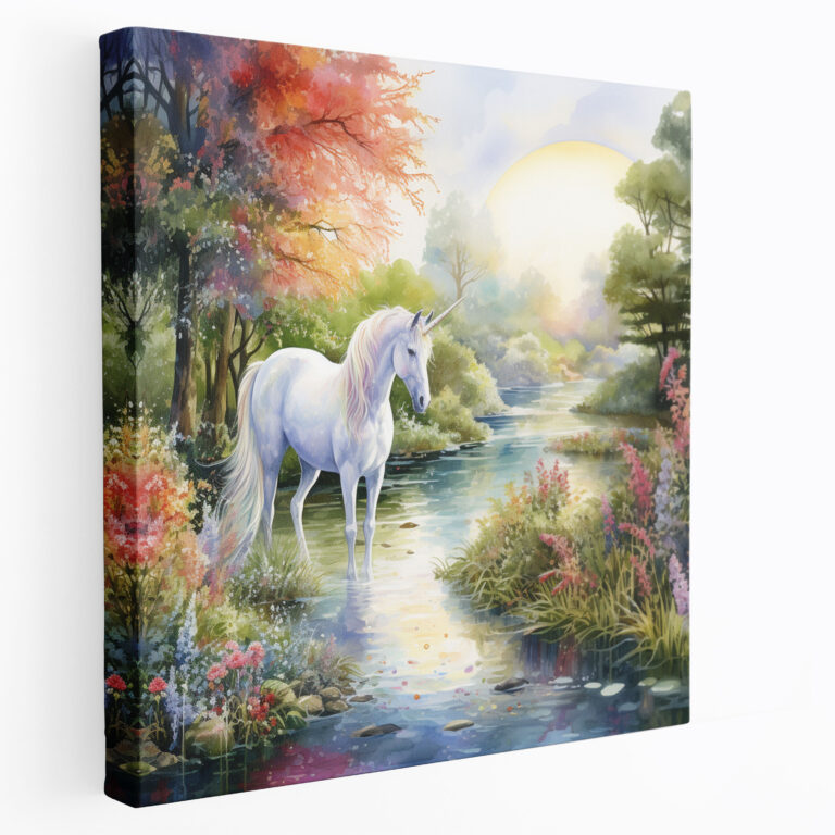 Unicorn Wall Art - Serene Watercolor Canvas Print - Unicorn, Wall Art, Sparkling Lake, Home Decoration