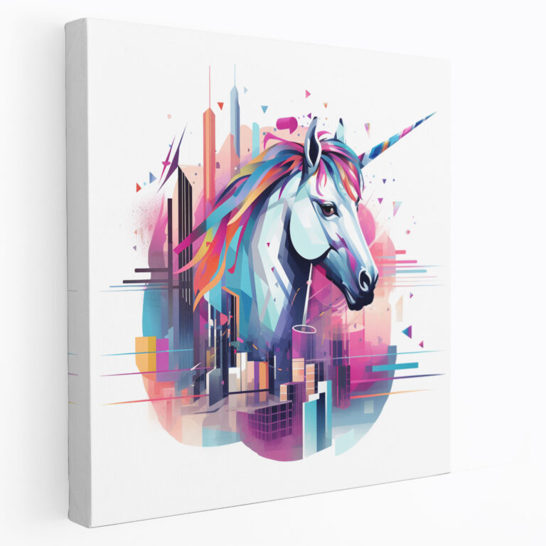 Geometric Unicorn Canvas Print - Unicorn, Futuristic Cityscape, Abstract Digital Illustration, Wall Decoration