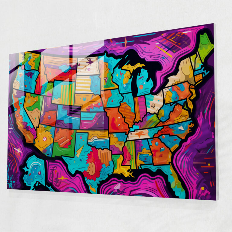 Pop Art United States Of America Map Glass Wall Art - United States Of America Map, Colorful, Bold Lines, Modern Art