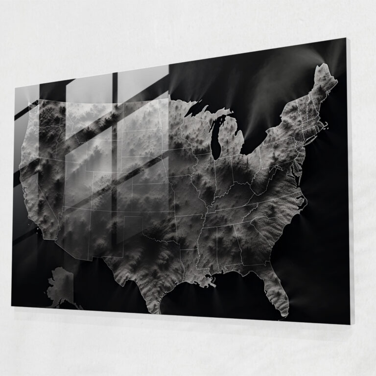Black And White United States Of America Map Glass Wall Art - United States Of America Map, Modern Art, Black And White Photography, Captivating