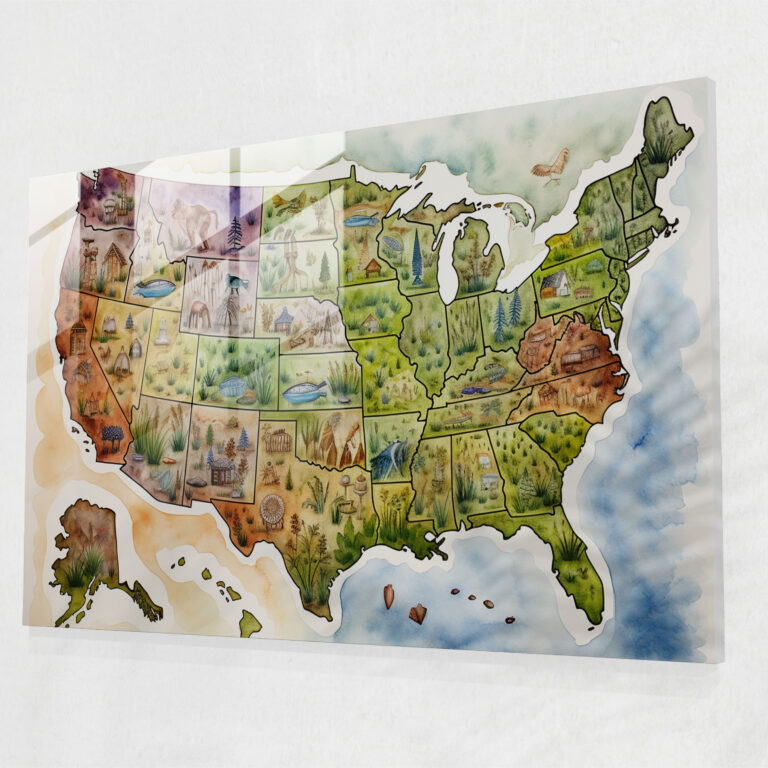 Whimsical United States Of America Map Glass Print - United States Of America Map, Glass Wall Art, Glass Print, Wall Decoration