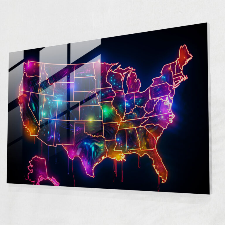 Neon United States Of America Map Glass Print - United States Of America Map, Futuristic, United States Of America Map, Home Decoration
