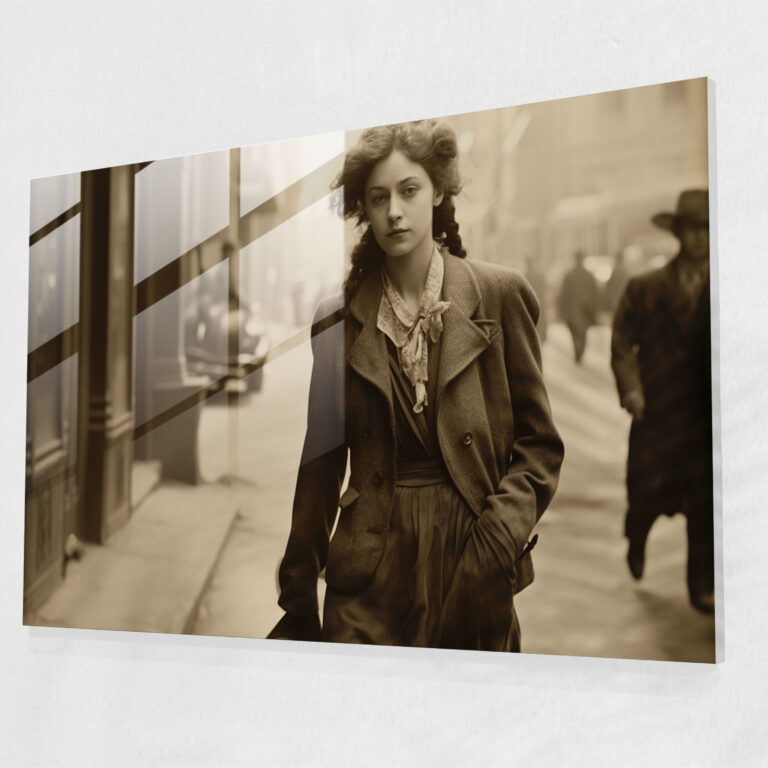 United States Of America Map Glass Print - United States Of America Map, Vintage Sepia Photograph, Woman Walking Down The Street, Glass Wall Art