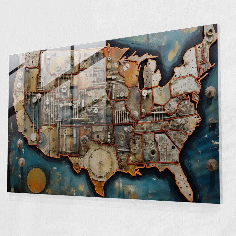 United States Map Glass Print - United States Of America Map, Various Elements And Textures, Glass Art, Home Decoration