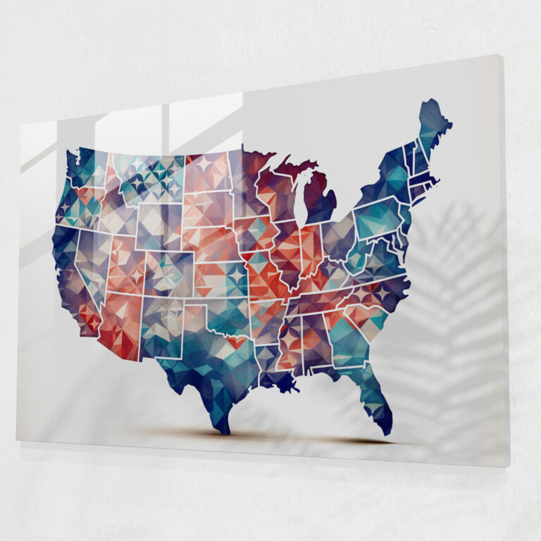 Geometric Usa Map Glass Print - United States Of America Map, Wall Decoration, Intricate Shapes, Geometric Design