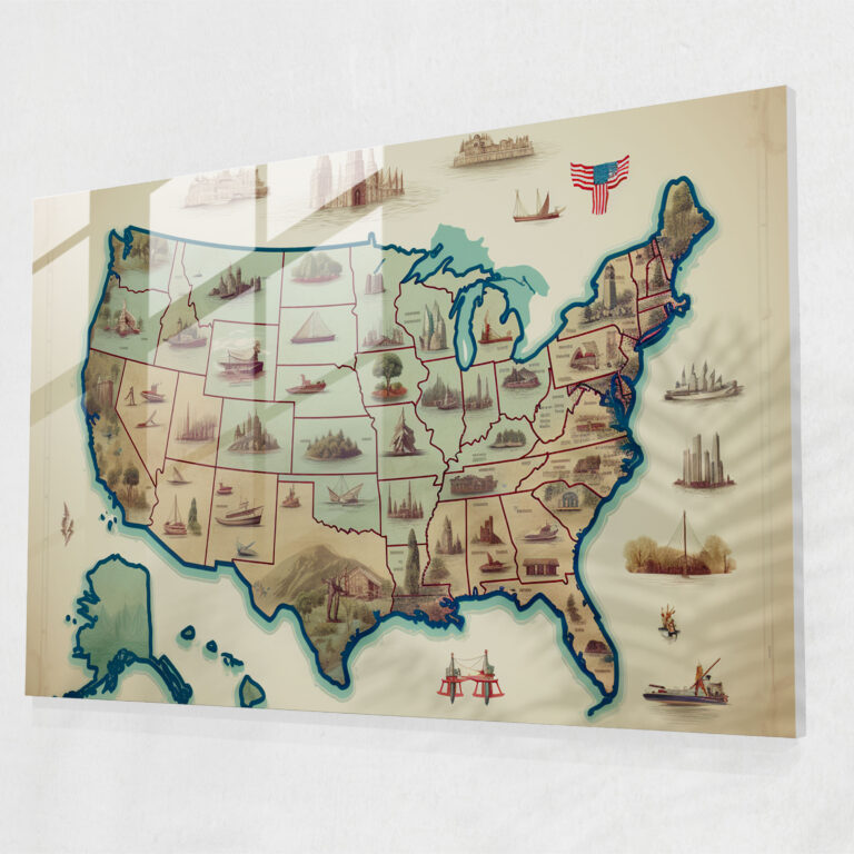 Vintage United States Of America Map Glass Print - United States Of America Map, Wall Decoration, Glass Wall Art, Home Decoration