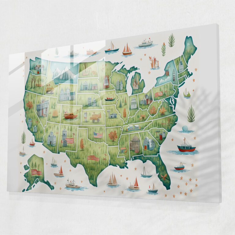 Whimsical United States Of America Map Glass Wall Art - United States Of America Map, Modern Art, Imaginative Design, Home Decoration