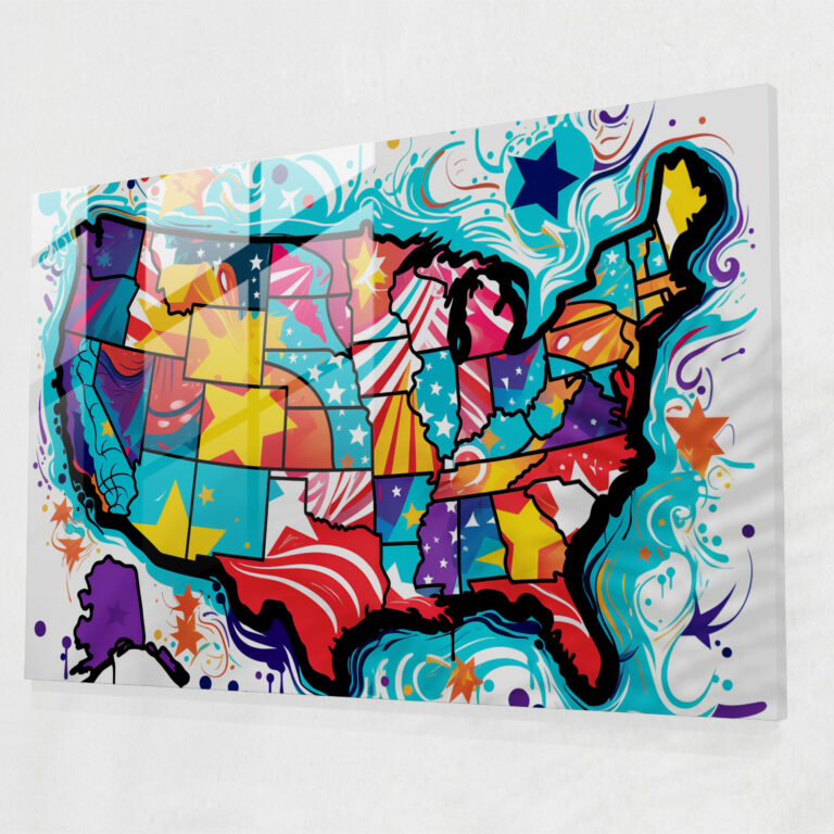 Pop Art United States Of America Map Glass Print - United States Of America Map, Glass Print, Glass Wall Art, Comic Book-Style