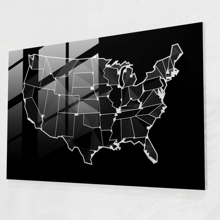 United States Of America Map Glass Wall Art - United States Of America Map, Glass Art, Black And White Illustration, Modern Art