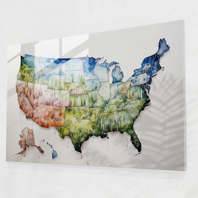 Watercolor United States Of America Map Glass Print - United States Of America Map, United States Of America Map, Home Decoration, Watercolor Painting