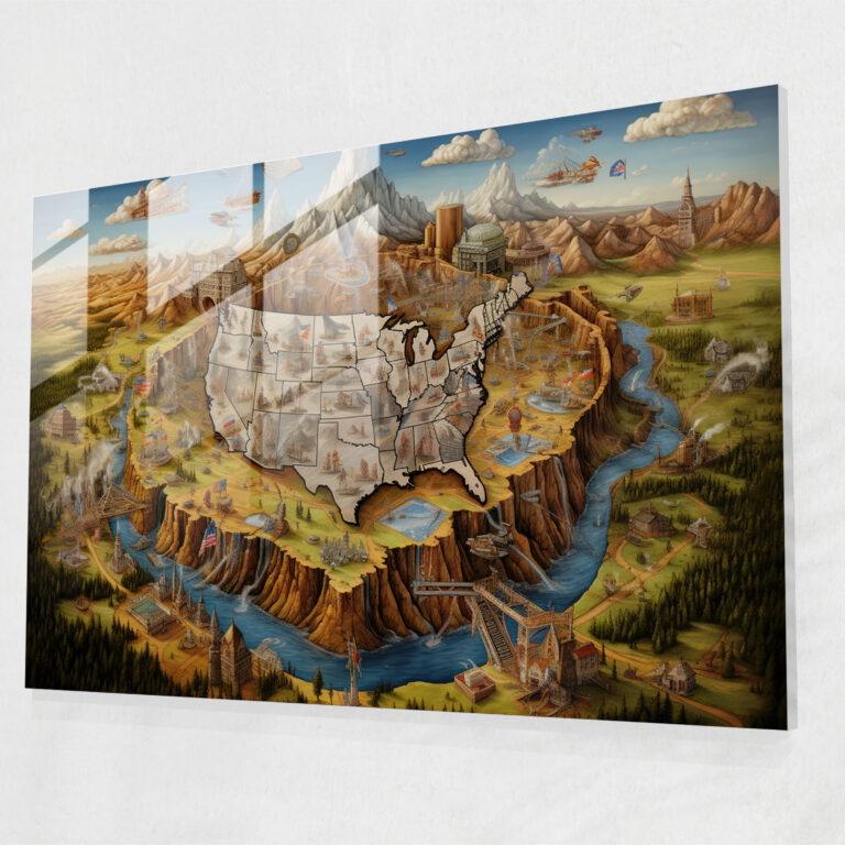 United States Of America Map Glass Wall Art - United States Of America Map, Landmarks, United States Of America Map, Glass Art