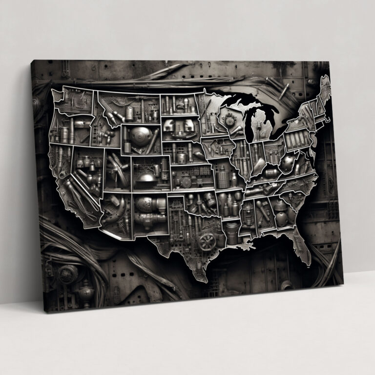 United States Of America Map Canvas Print - United States Of America Map, Wall Decoration, Home Decoration, Black And White Photograph