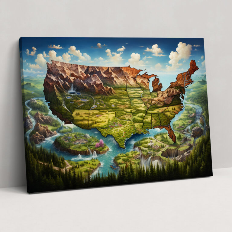 Nature-Inspired United States Of America Map Wall Art - United States Of America Map, Wall Art, Canvas, Scenic Depiction