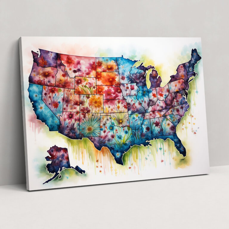 United States Of America Map Canvas Print - United States Of America Map, Wall Art, Canvas, Watercolor Painting