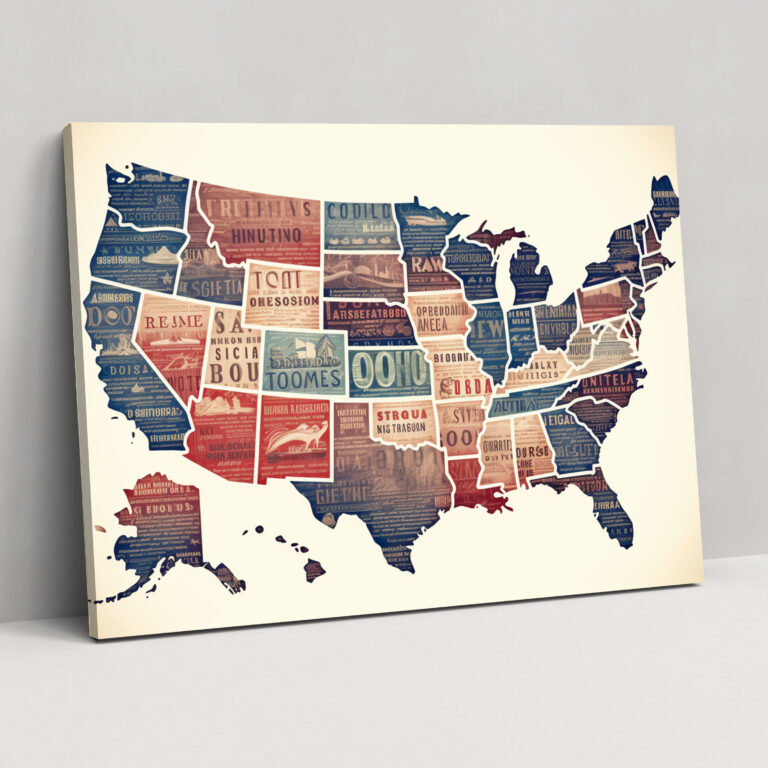Vintage Typographic United States Of America Map Wall Art - United States Of America Map, Nostalgia, Charming, Canvas
