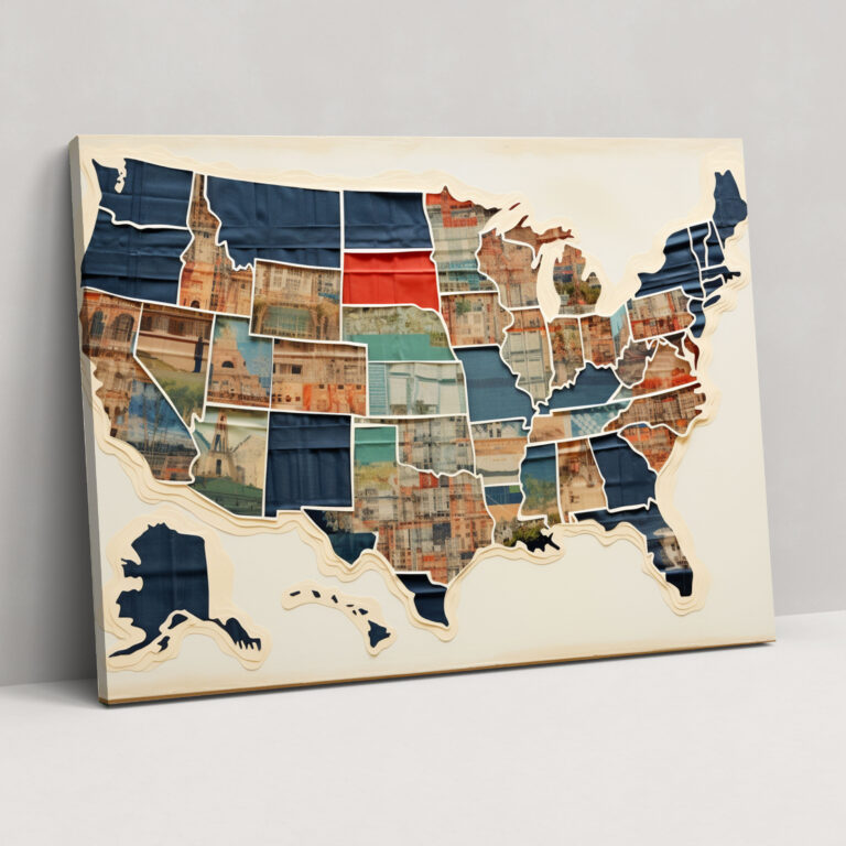 Vintage Postcard United States Of America Map Wall Art - United States Of America Map, Whimsical, Vintage Postcard Collage, Journey