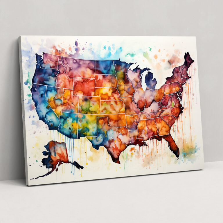 United States Of America Map Canvas Print - United States Of America Map, Fluid Brushstrokes, Watercolor Painting, Home Decoration