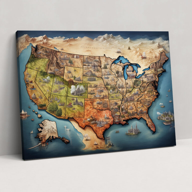 United States Of America Map Wall Decoration - United States Of America Map, Canvas, Realistic Illustration, Intricately Detailed