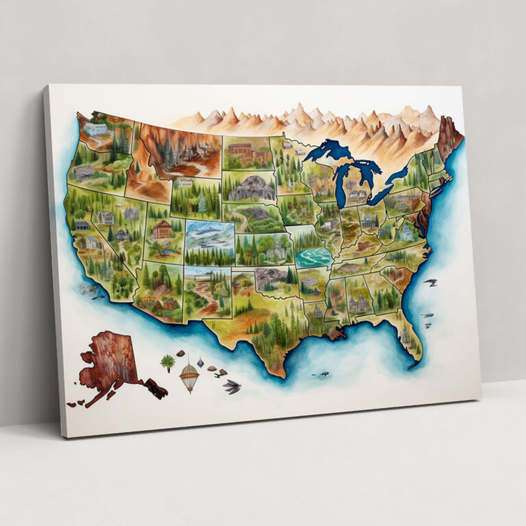 United States Of America Map Canvas Print - United States Of America Map, Canvas, Canvas Print, Watercolor Painting