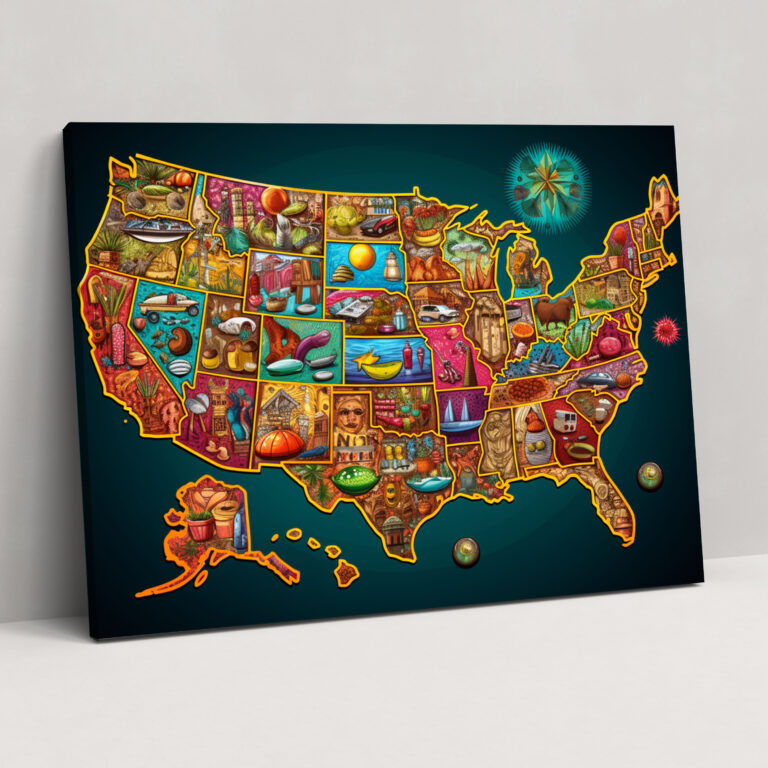 Colorful United States Of America Map Wall Art - United States Of America Map, Canvas Print, Canvas Wall Art, Cultural Symbols