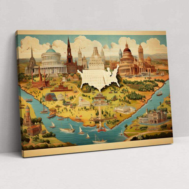 United States Of America Map Wall Decoration - United States Of America Map, Iconic Landmarks, Canvas Wall Art, Canvas Print