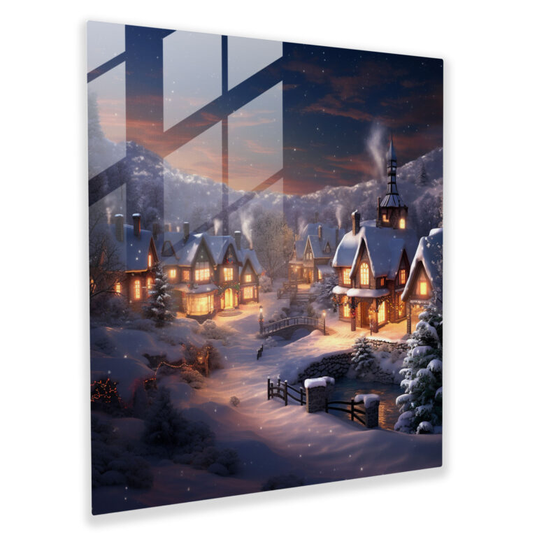 Winter Wonderland Glass Print - Village, Home Decoration, Warm Lights, Modern Art