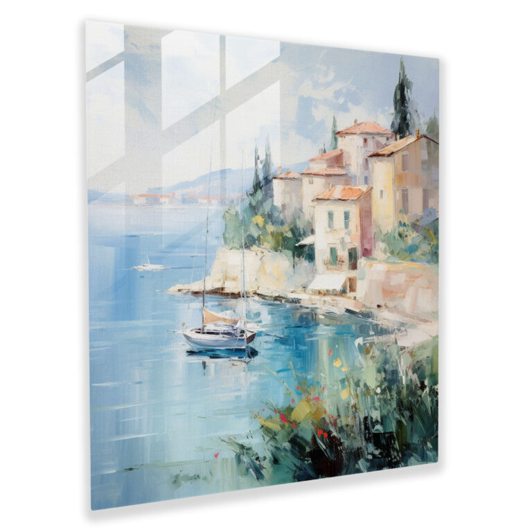 Seaside Serenity Glass Print - Village, Impressionist Painting, Dreamlike Brushstrokes, Quaint Village