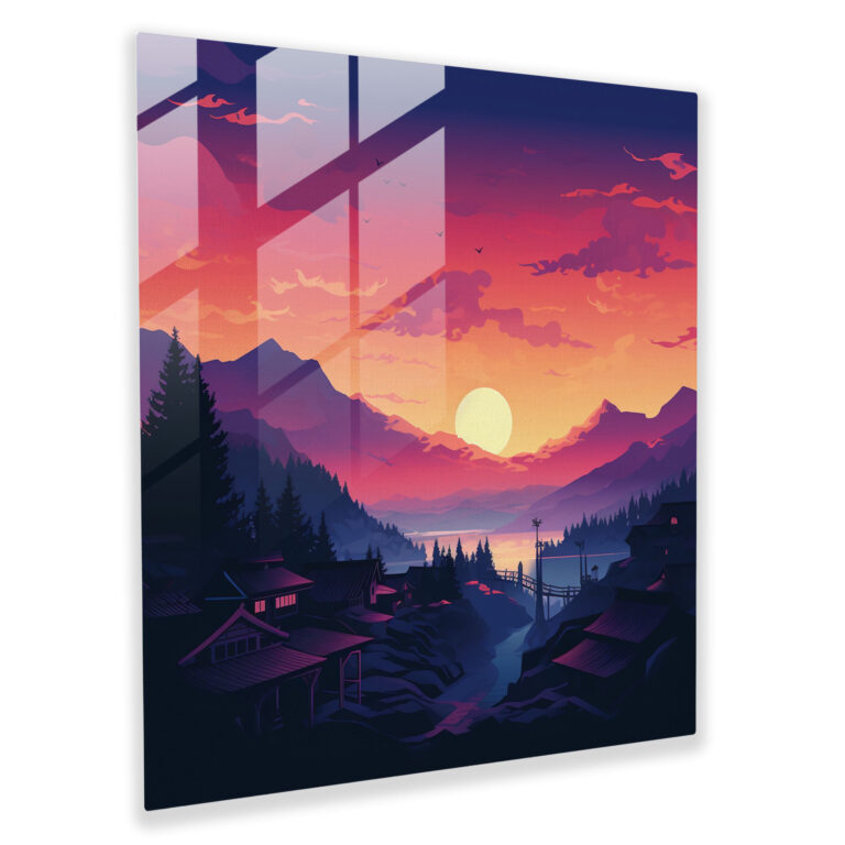 Silhouette Sunset Village Glass Print - Village, Home Decoration, Glass Wall Art, Silhouette