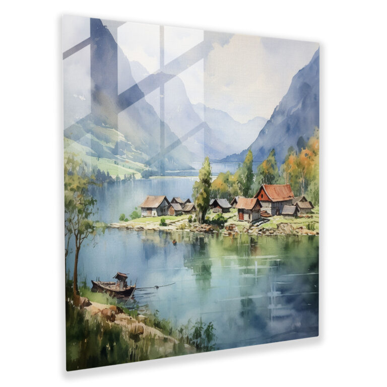 Glass Print - Serene Village By The Lake - Village, Glass Print, Village, Home Decoration