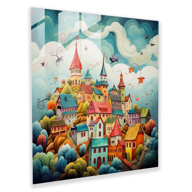 Glass Print - Whimsical Fairy Tale Village - Village, Illustration, Whimsical, Birds