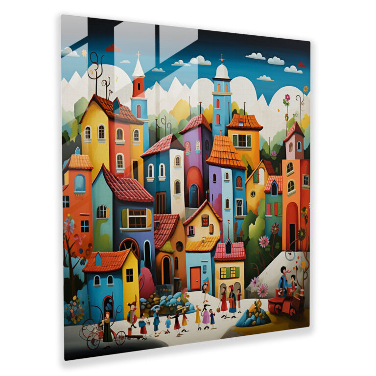 Glass Print - Lively Pop Art Village - Village, Modern Art, Pop Art-Inspired, Dynamic