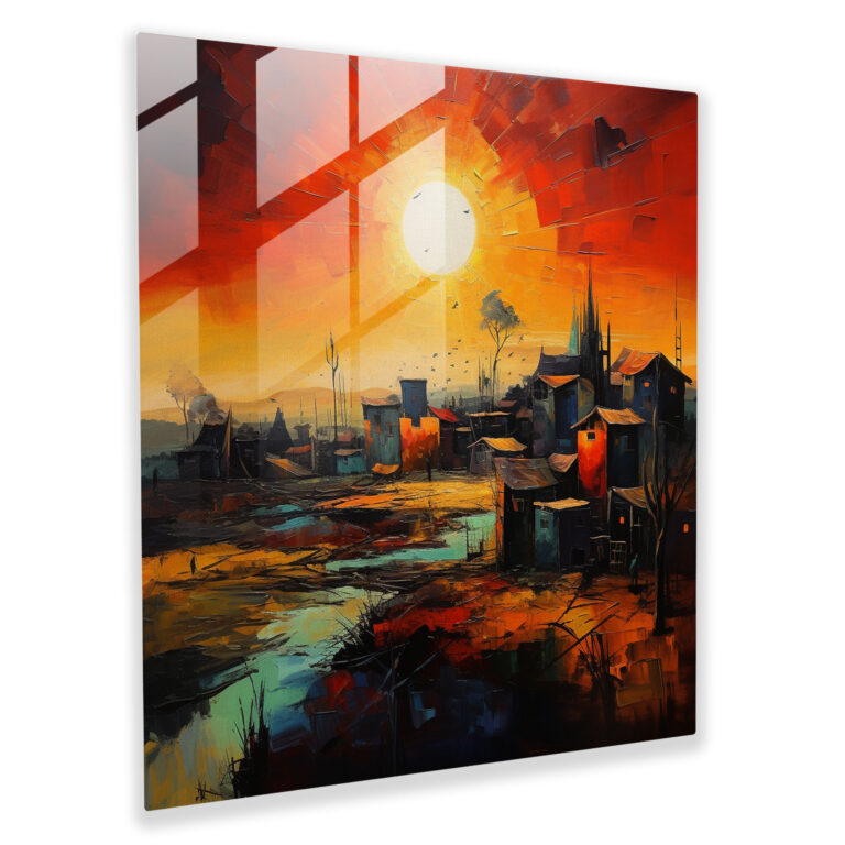 Village Sunset Glass Print - Village, Glass Art, Sunset, Home Decoration