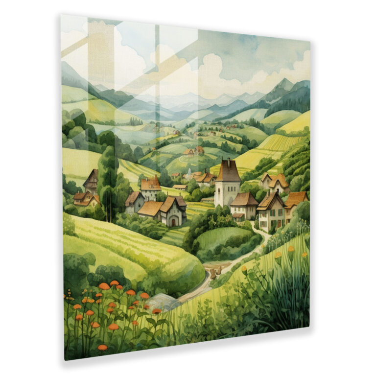 Serene Village Glass Print - Village, Glass Wall Art, Watercolor Illustration, Home Decoration