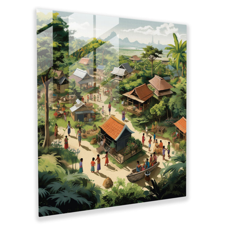 Community Spirit Glass Print - Village, Modern Graphic Illustration, Home Decoration, Close-Knit Bonds