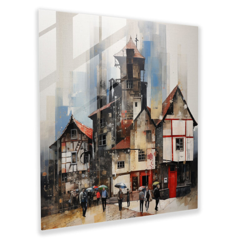 Bustling Village Square Glass Print - Village, Modern Art, Painting And Photography, Glass Art