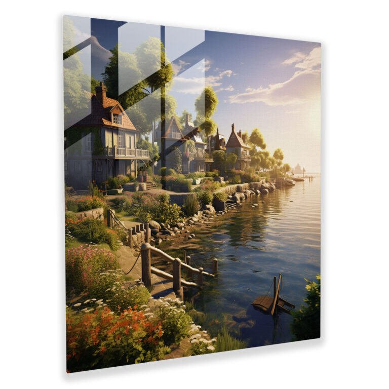 Seaside Village Glass Print - Village, Serene, Cottages, Home Decoration