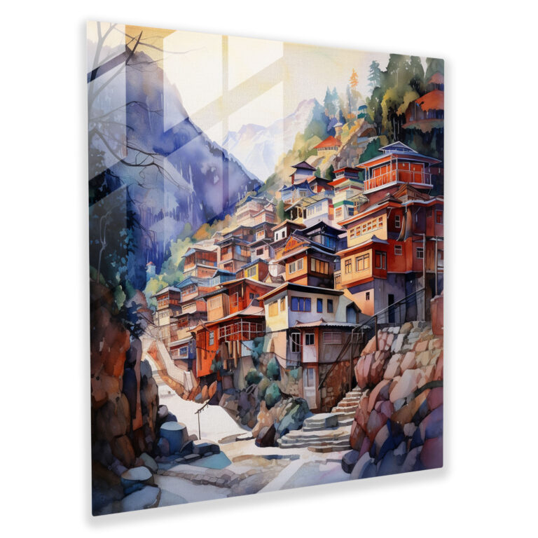 Village Watercolor Glass Print - Village, Wall Decoration, Glass Art, Glass Wall Art